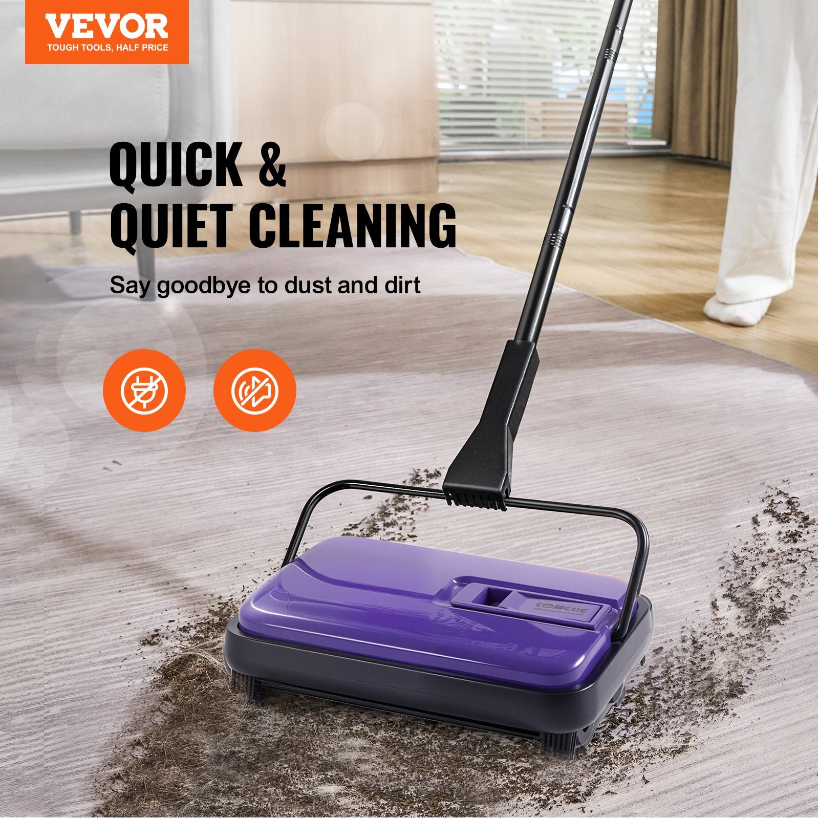 Manual Carpet Sweeper – Quiet Push Floor Cleaner with Built-in Dustpan