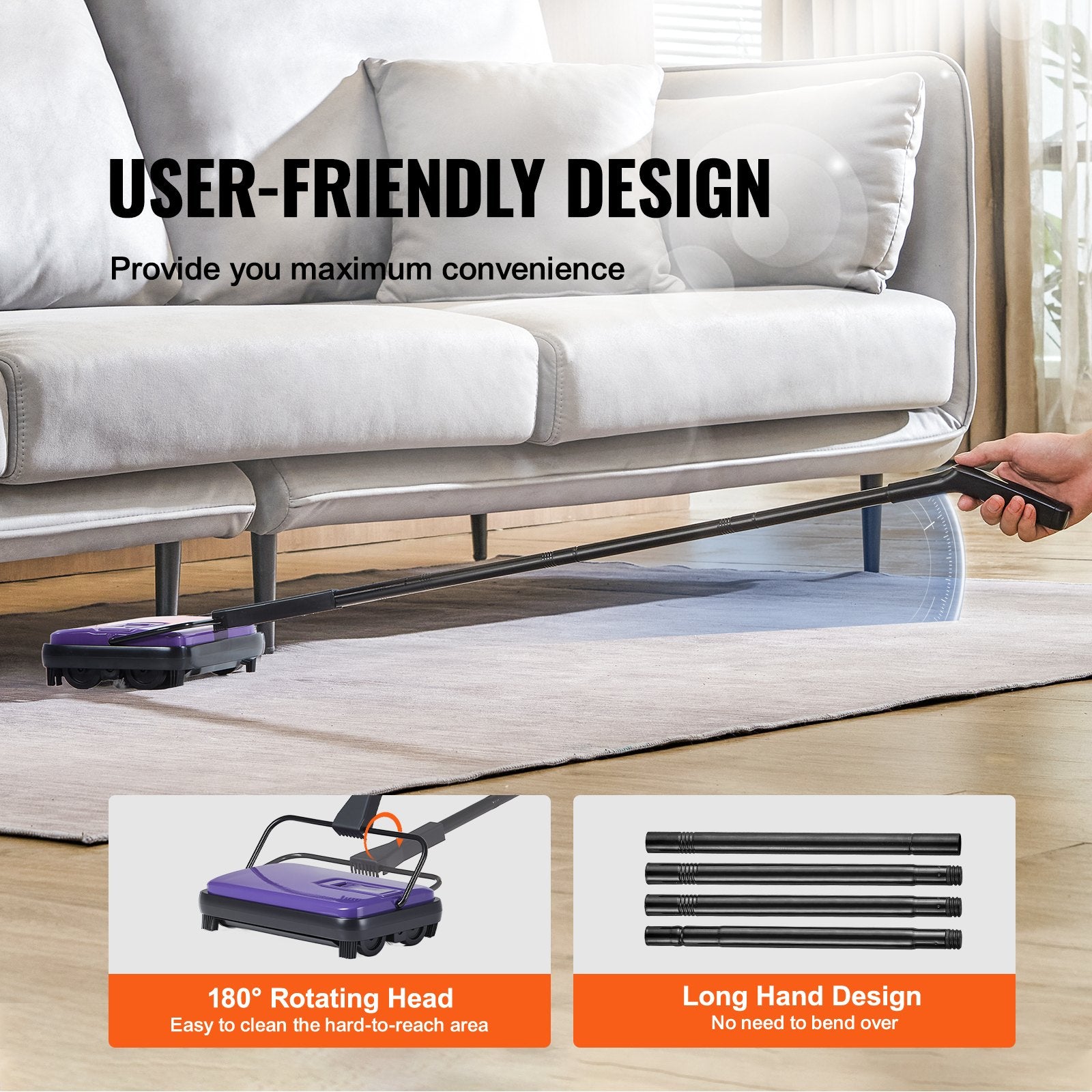 Manual Carpet Sweeper – Quiet Push Floor Cleaner with Built-in Dustpan