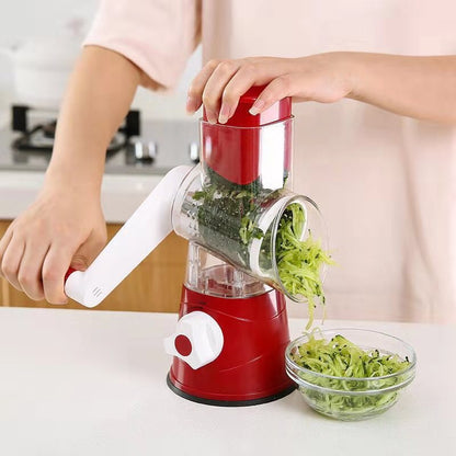 Rotary Drum Vegetable Cutter – Manual 3-Blade Slicer & Grater (Suction Base)