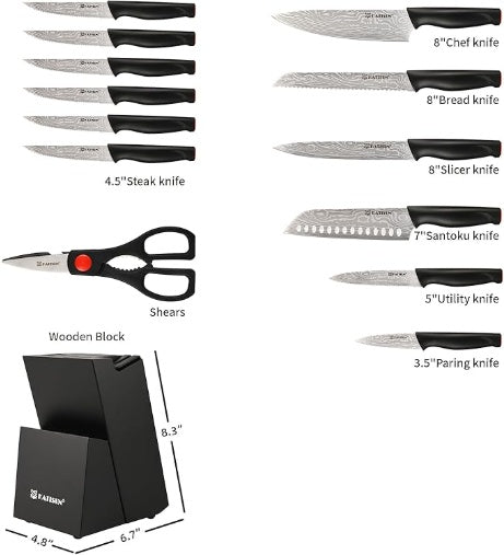 Premium 15-Piece Damascus Pattern Knife Set (German Steel)