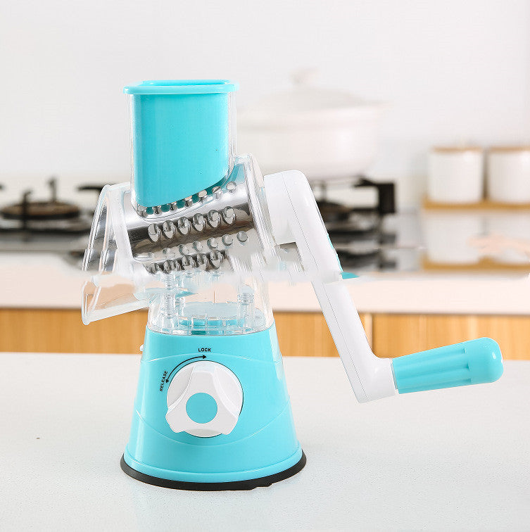 Rotary Drum Vegetable Cutter – Manual 3-Blade Slicer & Grater (Suction Base)