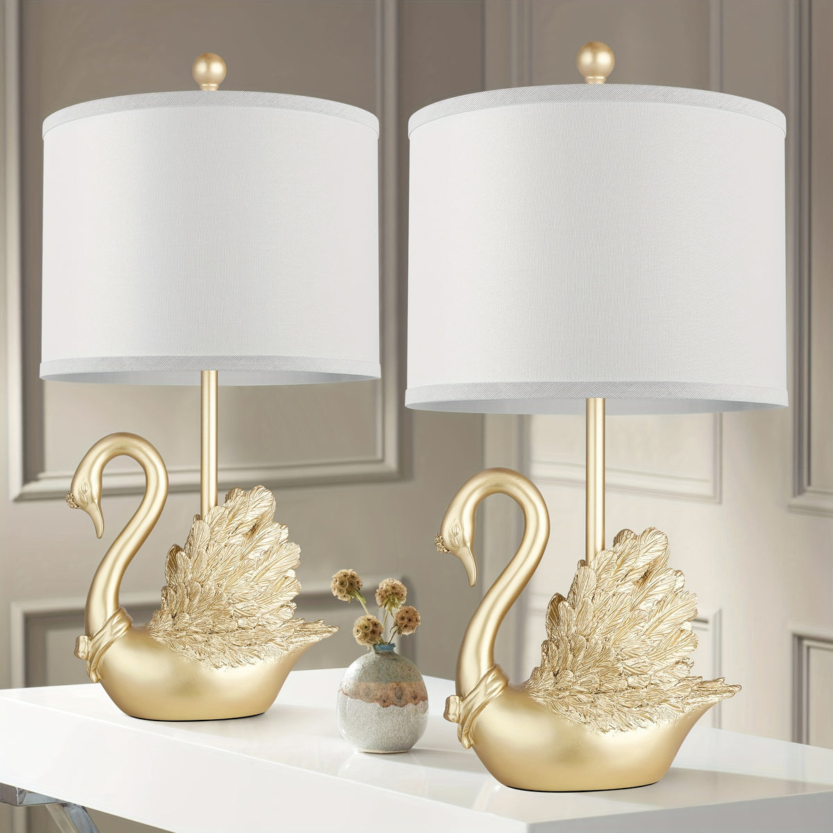 Golden Brass Swan Table Lamps (Set of 2) – Elegant Modern Lighting