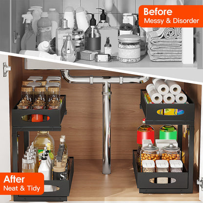 2-Tier Pull-Out Under Sink Organizer (2 Pack) – Adjustable Sliding Storage Rack for Kitchen & Bathroom