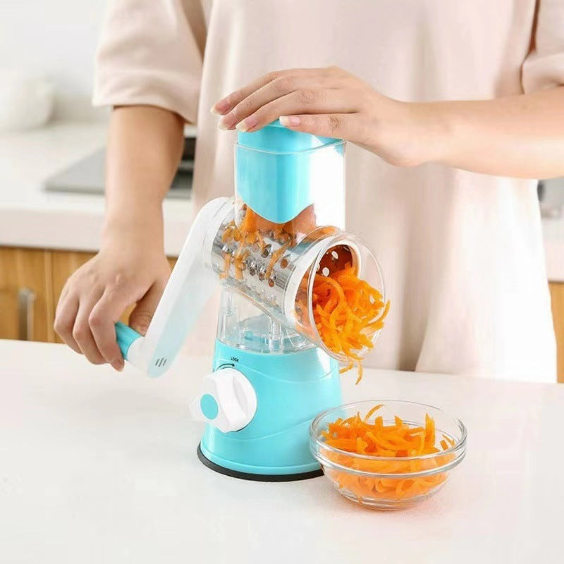Rotary Drum Vegetable Cutter – Manual 3-Blade Slicer & Grater (Suction Base)