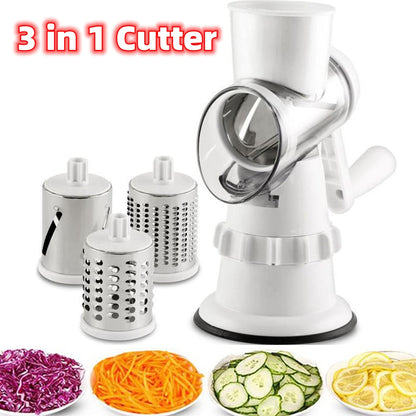3-in-1 Rotary Vegetable Slicer – Manual Drum Cutter for Slicing, Shredding & Grating