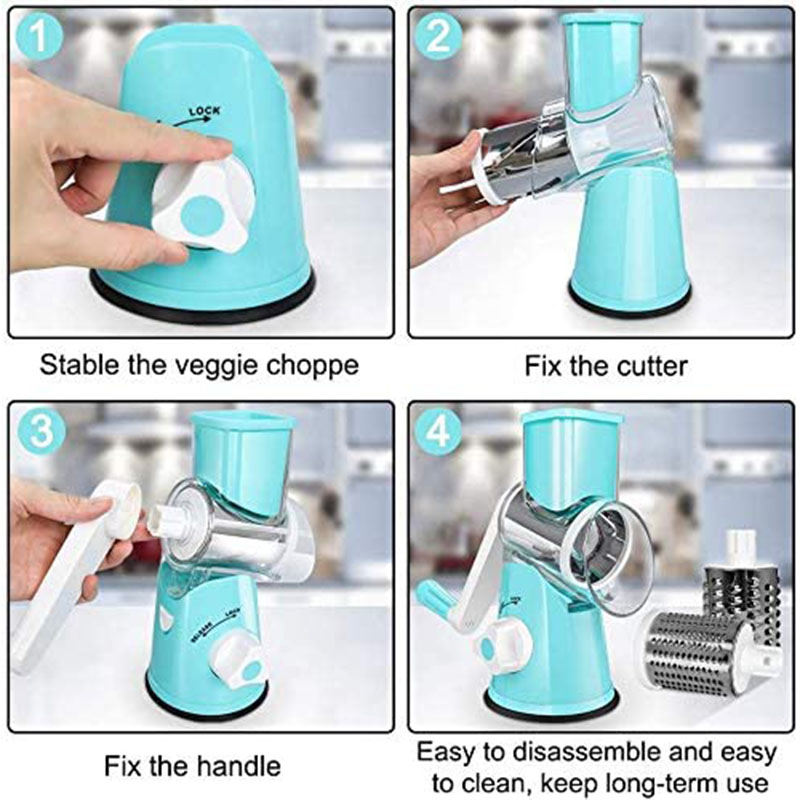 Rotary Drum Vegetable Cutter – Manual 3-Blade Slicer & Grater (Suction Base)