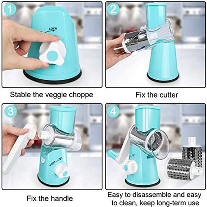 Rotary Drum Vegetable Cutter – Manual 3-Blade Slicer & Grater (Suction Base)
