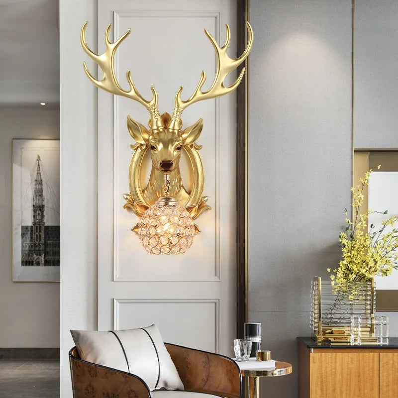European Deer Head Wall Lamp Creative Living Room Bedside Antler Wall Light Sconce