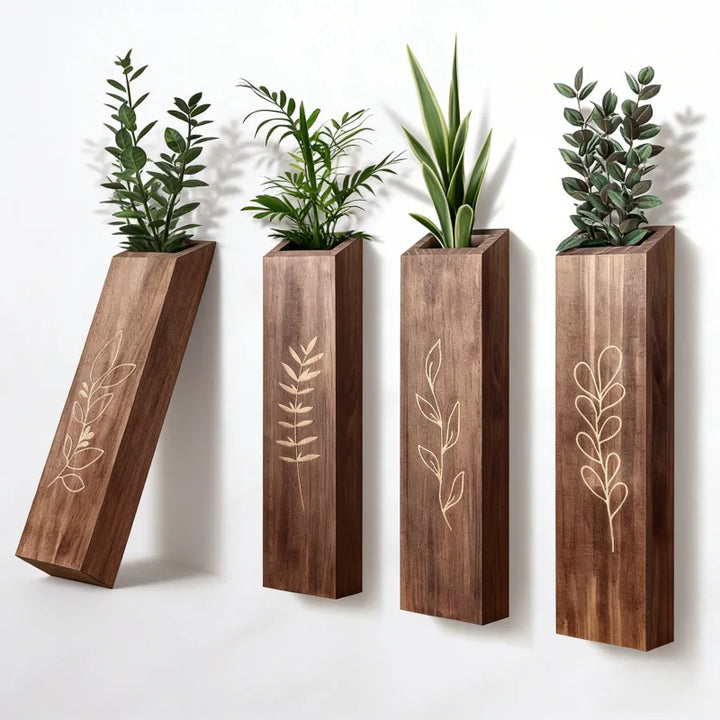 Indoor Living Room Bedroom Decoration Wooden Wall Flower Pot4Packaged Bohemian Style Farmhouse Pocket Vase Dried Flowers Artific