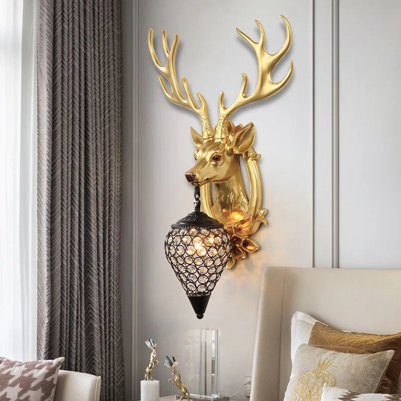 European Deer Head Wall Lamp Creative Living Room Bedside Antler Wall Light Sconce