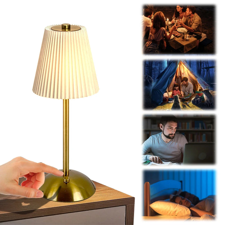 Cordless Table Lamp Dimmable Sleeping Light USB Rechargeable Portable Metal Desk Lamp with Pleated Lampshade for Outdoor Camping