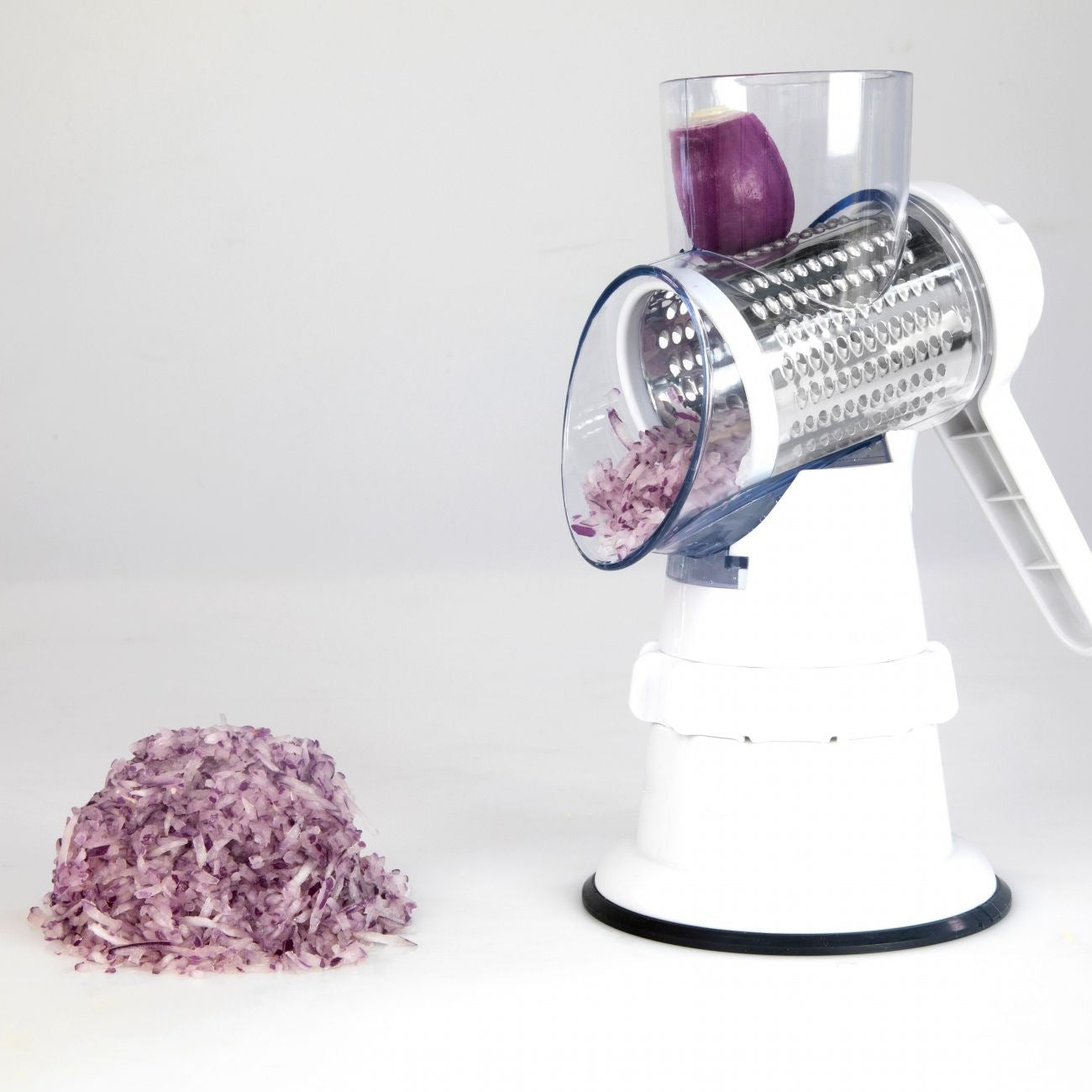 3-in-1 Rotary Vegetable Slicer – Manual Drum Cutter for Slicing, Shredding & Grating