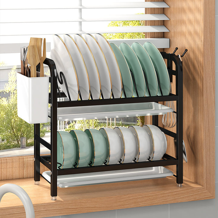 2-Tier Dish Drying Rack with Chopstick Holder & Hooks – Space-Saving Kitchen Organizer