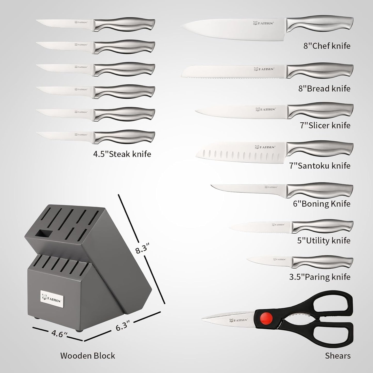 KATISUN Stainless Steel Kitchen Knife Set (Silver/Grey)
