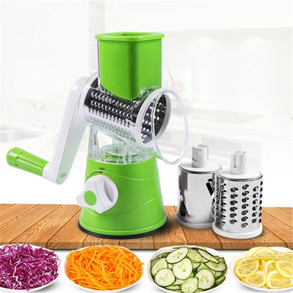 Rotary Drum Vegetable Cutter – Manual 3-Blade Slicer & Grater (Suction Base)