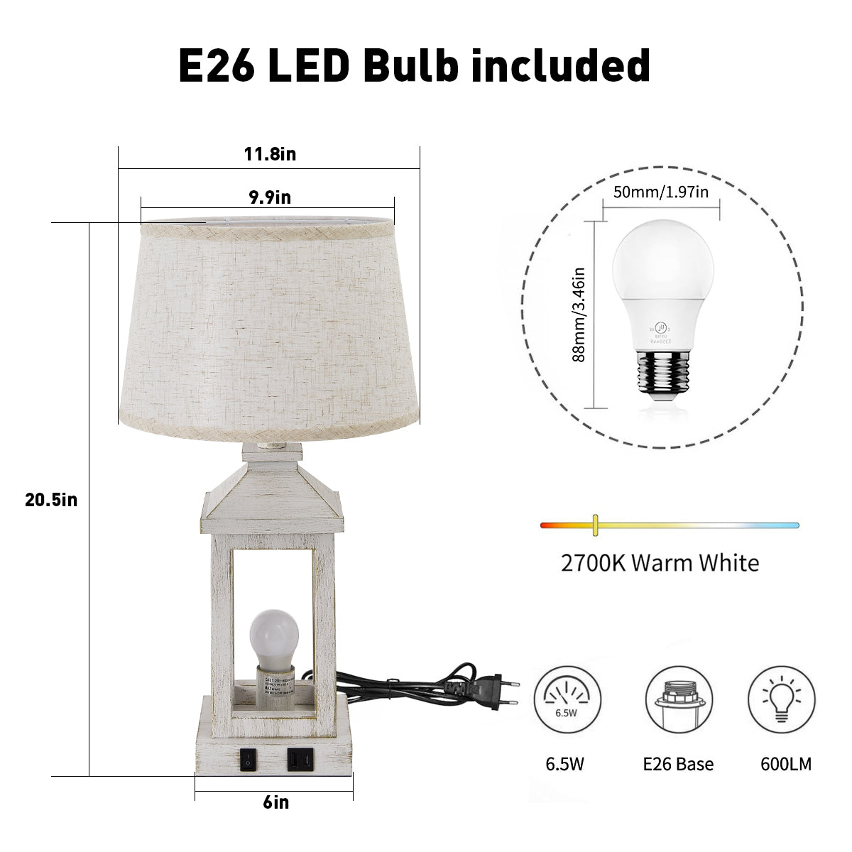 Vintage Industrial Table Lamp with USB-C, USB-A & AC Outlet