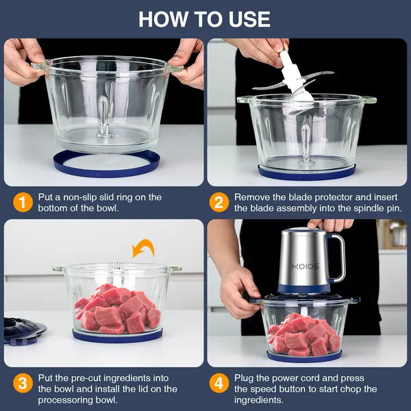KOIOS 2L Electric Food Chopper (2 Bowls – Glass + Stainless Steel)
