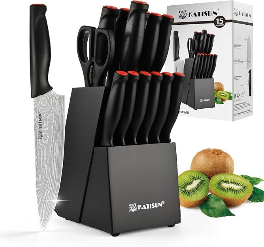 Premium 15-Piece Damascus Pattern Knife Set (German Steel)