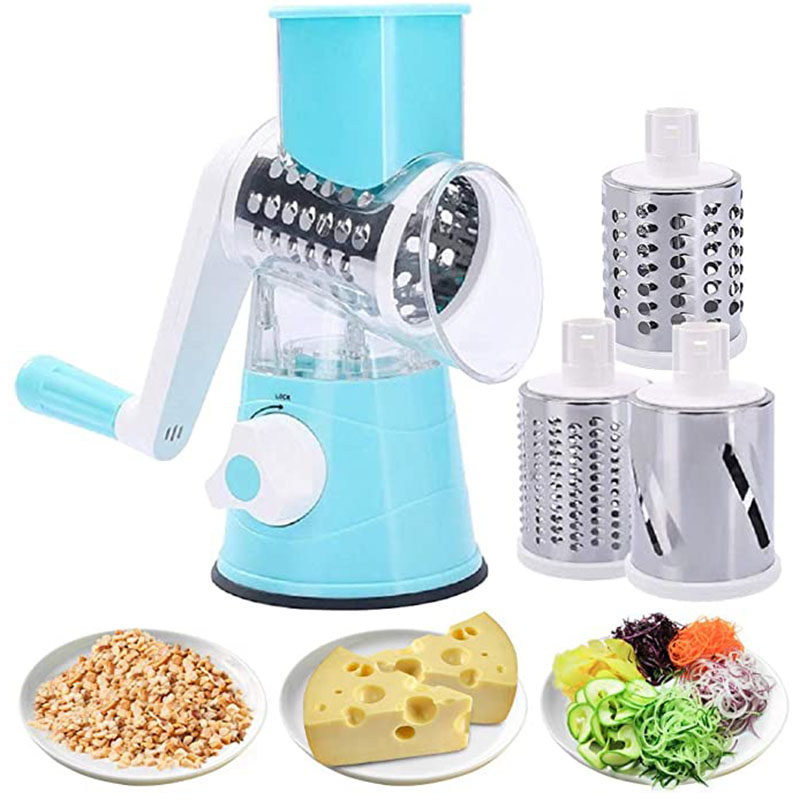Rotary Drum Vegetable Cutter – Manual 3-Blade Slicer & Grater (Suction Base)